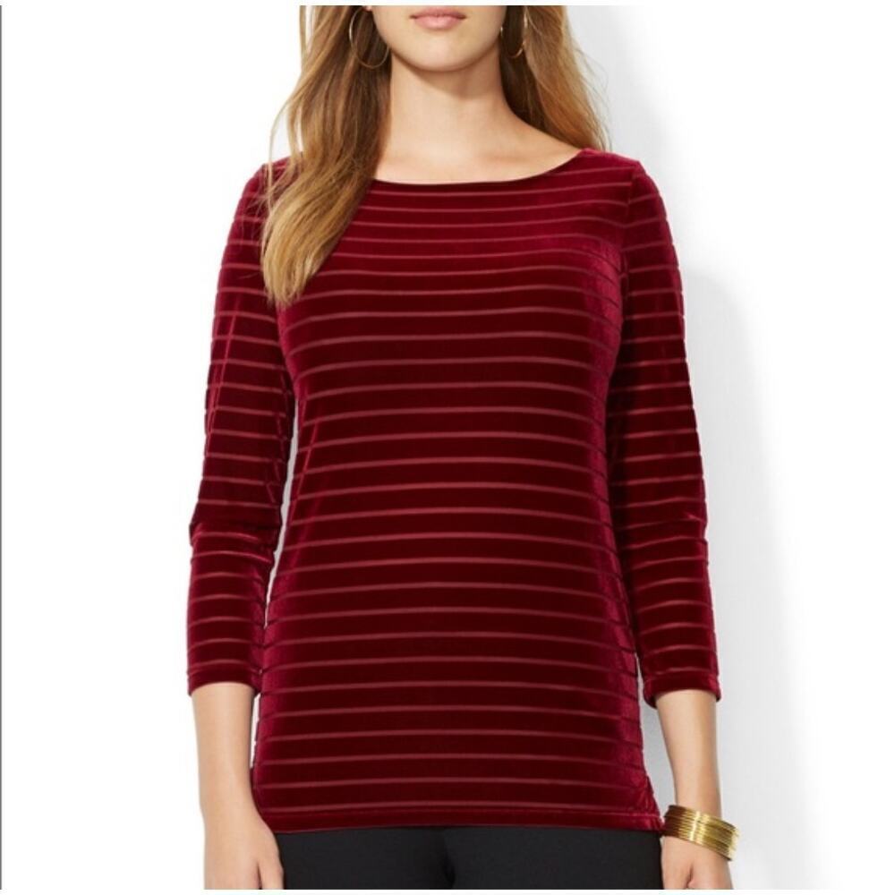 Lauren‎ Ralph Lauren 3/4 Length Sleeve Stripped Velvet Burgundy tunic top Dark